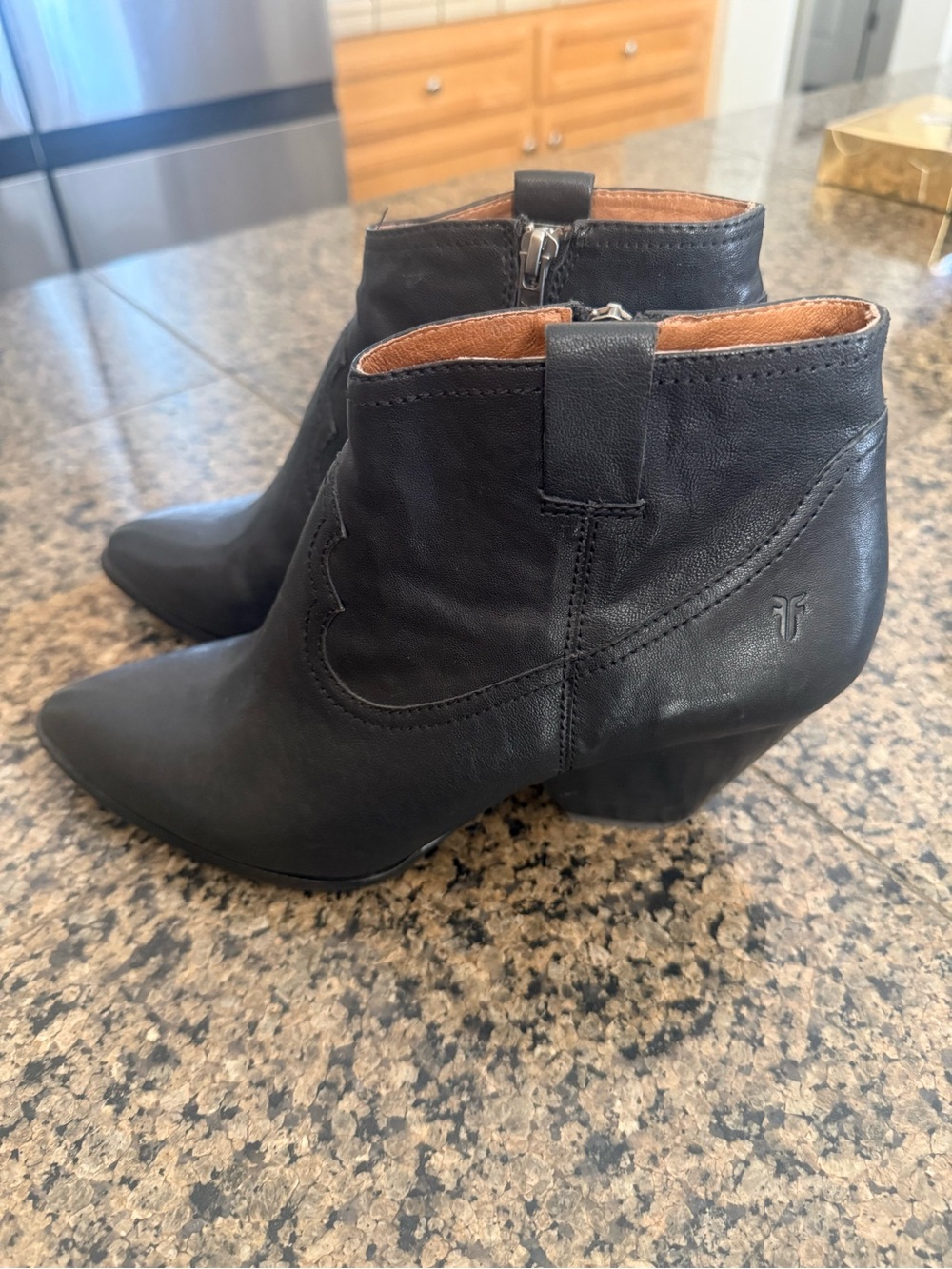 Frye Black Reina Leather Ankle Booties with Low Heel